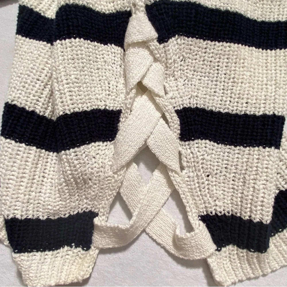 Fate Black White Striped Lace Up Coastal Knit Sweater Size S